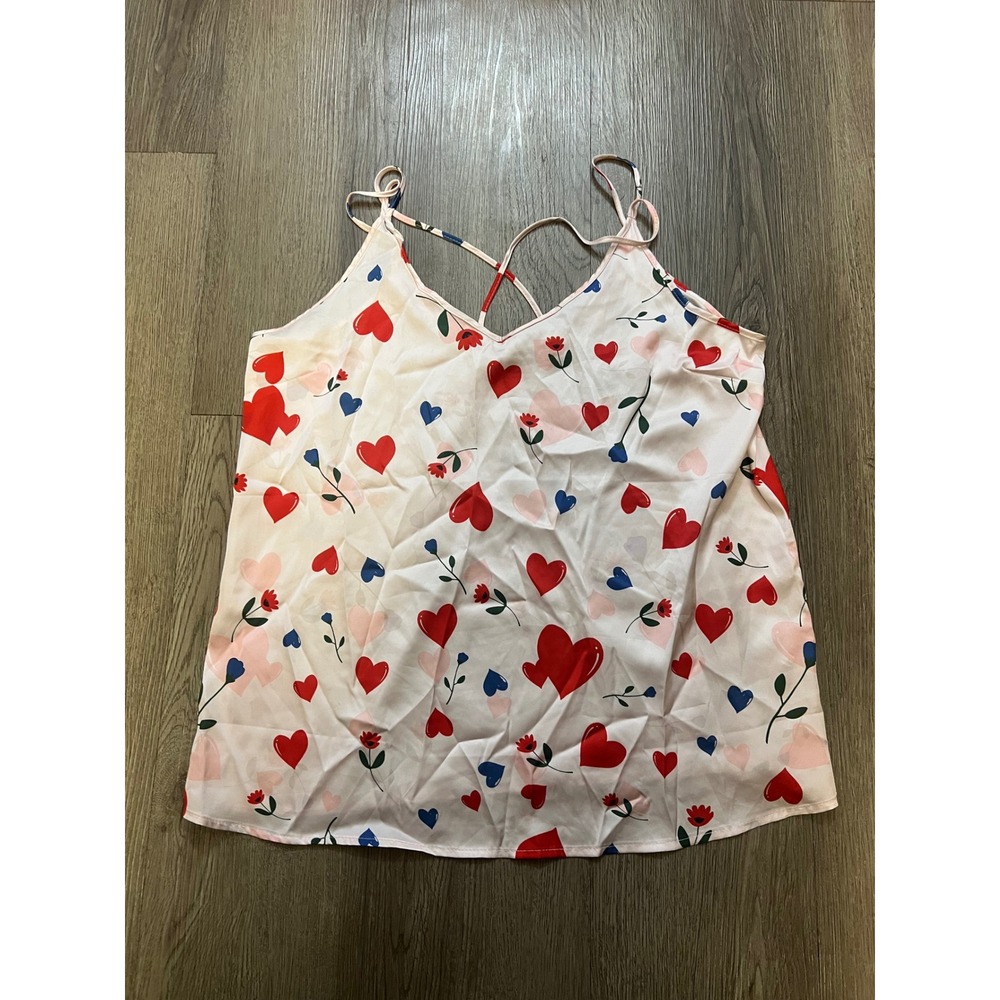 Ekouaer Women Heart Print Satin Camisole Top V-Neck Strappy Sleep Tank Pink M